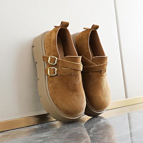 Women's Double Buckle Platform Loafers - Smooth Faux Leather Upper, Chunky Lug Sole, Adjustable Strap Closure, Retro Preppy Shoes for Casual (Camel,5.5) in Kuwait