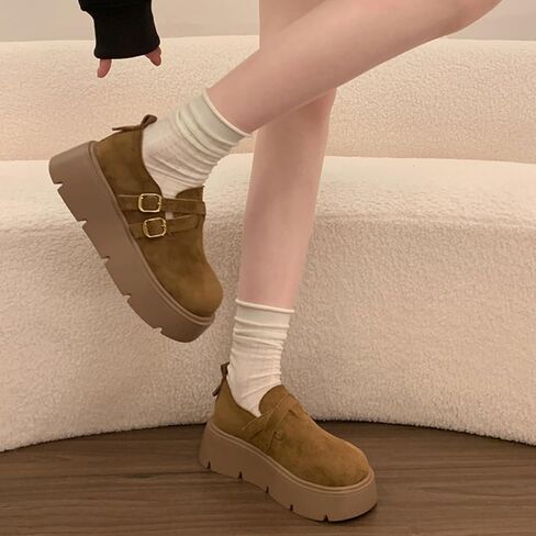 Women's Double Buckle Platform Loafers - Smooth Faux Leather Upper, Chunky Lug Sole, Adjustable Strap Closure, Retro Preppy Shoes for Casual (Camel,5.5) in Kuwait