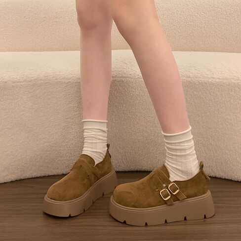 Women's Double Buckle Platform Loafers - Smooth Faux Leather Upper, Chunky Lug Sole, Adjustable Strap Closure, Retro Preppy Shoes for Casual (Camel,5.5) in Kuwait
