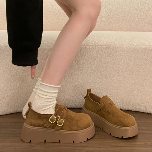 Women's Double Buckle Platform Loafers - Smooth Faux Leather Upper, Chunky Lug Sole, Adjustable Strap Closure, Retro Preppy Shoes for Casual (Camel,5.5) in Kuwait