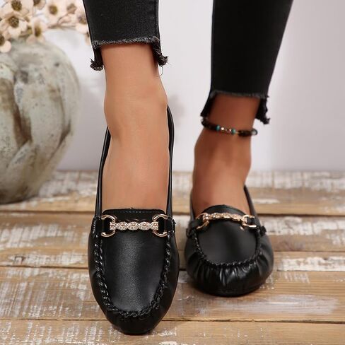 Women's Rhinestone Horsebit Loafers, Soft Leather Slip-On Moccasins, Comfortable Flat Driving Shoes for Casual & Work in Kuwait