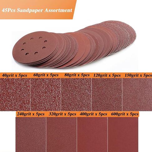 45pcs Sandpaper 8 Hole 5 inch Sanding Discs Hook and Loop 40/60/80/120/150/240/320/400/600 Grits with 2pcs Hand Sander for Automotive Metal Polishing in Kuwait