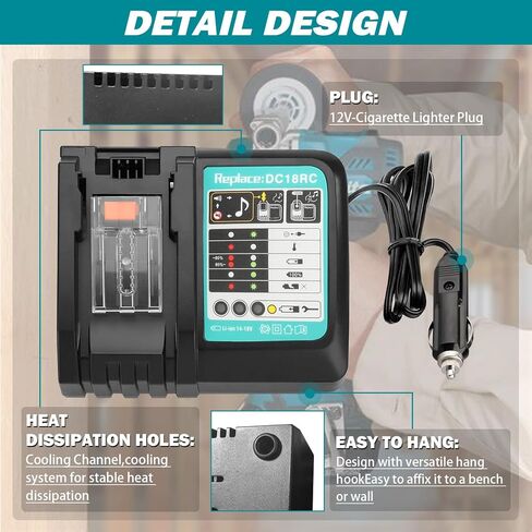 Car Charger for Makita 18V Battery,Replace DC18RC Battery Charger for Makita Battery 14.4V-18V, Portable Charger use on Car, 12v Cigarette Lighter Plug in Kuwait