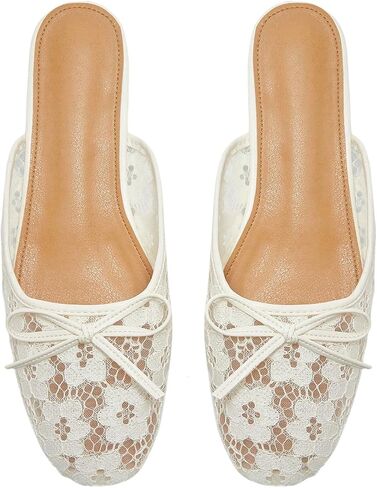OYOANGLE Women's Floral Lace Mesh Bow Ballet Flats Square Toe Slip on Backless Flat Mules Casual Ballerina Shoes in Kuwait