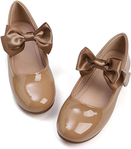 Girls Mary Jane Flats with Bow, White, Ballet Style Dress Shoes with Adjustable Strap in Kuwait
