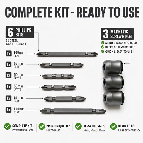 Magnetic Screw Holder Set, 3 Rings & 6 Double-Ended PH2 Bits | Removable Magnetic Ring; Three Bit Sizes 50/65/100 mm; 1/4" Hex Shank; One-Handed Screw Starting; Fit Deep and Tight Spaces in Kuwait