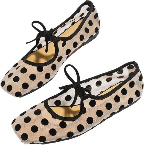 Milumia Women's Polka Dots Mesh Ballet Flats Lace Up Bow Square Toe Comfortable Ballerina Shoes in Kuwait