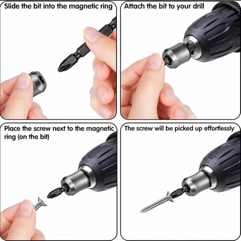 Magnetic Screw Holder Set, 3 Rings & 6 Double-Ended PH2 Bits | Removable Magnetic Ring; Three Bit Sizes 50/65/100 mm; 1/4" Hex Shank; One-Handed Screw Starting; Fit Deep and Tight Spaces in Kuwait