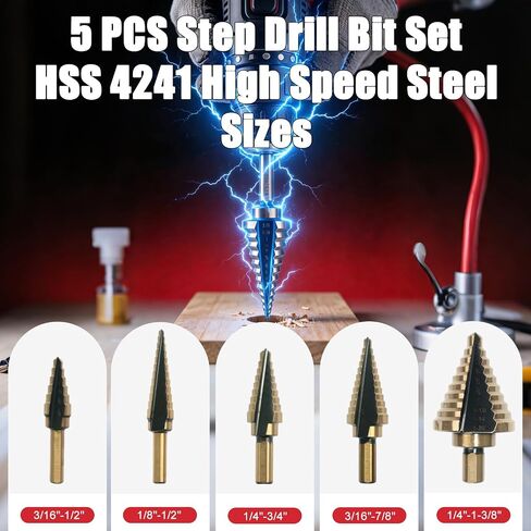 Step Drill Bits, 5PCS HSS Titanium Step Drill Bit Set, 50 Sizes High Speed Steel Step Bits with 118° Split Point, Metal Drilling Tools with Storage Case for Metal, Aluminum, Iron & Plastic in Kuwait