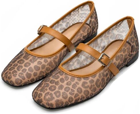 Leopard Print Mesh Ballet Flats for Women Trendy Cute Square Closed Toe Mary Jane Flat Shoe in Kuwait