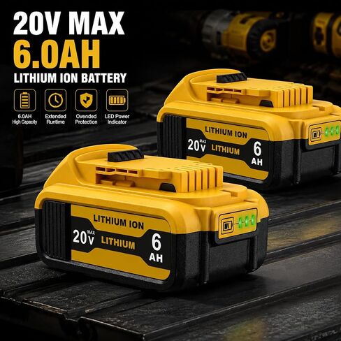 2-Packs 6000mAh Lithium-Ion Replace for Dewalt 20V Max Battery Compatible with DCB206 DCB201 DCB203 DCB207 DCB205 DCB204 Cordless Power Tools and Chargers in Saudi Arabia