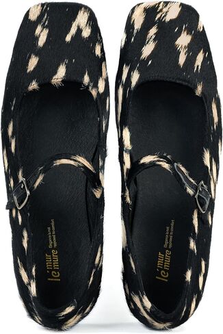 LE MURMURE Women's Leather Ballet Flats, Square Toe with Strap, Animal Print, Calfskin Lining, Square Vamp, Easy 0.71" Low Heel in Kuwait