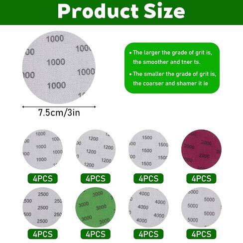 32PCS Drill Sanding Attachment, Drill Sander, 3 Inch Sanding Disc for Dril | 3 Inch Sanding Discs, 1000/1200/1500/2000/2500/3000/4000/5000 Grit Sandpaper Drill Attachment for Wood, Metal, Automotive Car in Kuwait