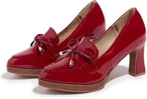 Women's Gloss Patent Chunky Heel Pumps with Bow Cute Pointed Toe Slip-On Block High Heels Party Wedding School Dress Shoes in Kuwait