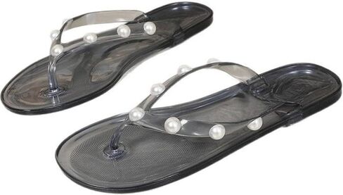 Women's Clear Pearl Flip Flops, Transparent PVC Flat Sandals, Non-Slip Comfortable Fashion Thong Slides for Summer Beach, Clear & Black in Kuwait