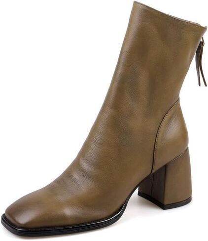 TinaCus Women's Genuine Leather Handmade Retro Square Toe Back Zip Up Mid Stacked Heel Ankle Booties in Kuwait