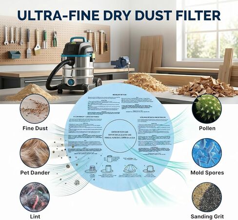 Reusable Wet Dry Vac Filter, VF2002 Wet Dry Vac Disc Filters with 3 Retaining Bands for Most 5 Gallon Shop Vac Branded Wet Dry Vacuum Cleaners in Kuwait
