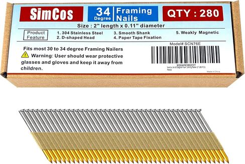 34-30 Degree 2 Inch Smooth Shank Paper Framing Nails,280-Pack | 304 Stainless Steel D Head Tape Strip Nails for 30 to 34 Degree Framing Nailer,Fits Indoor and Outdoor Building Projects in Kuwait