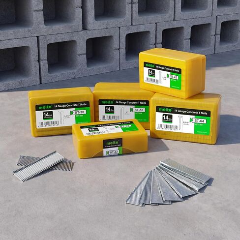 meite 14 Gauge Concrete T Nails, 1-3/4 Inch 400PCS x 5 Boxes | Galvanized Steel T-Nails for Concrete Nail Gun, Glue-Collated Steel T Nailer Nail for Furring Strips Decking Truss Building in Kuwait
