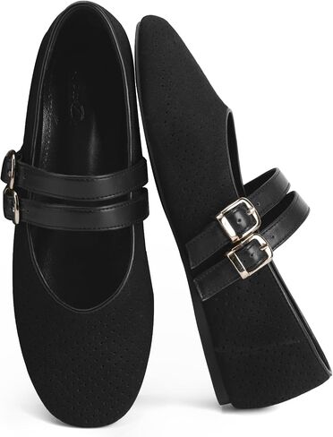 UBWDU Suede Mary Jane Flats for Women Perforated Round Toe Ballet Flats Comfortable Ballerina Shoes with Double Buckle Strap in Kuwait