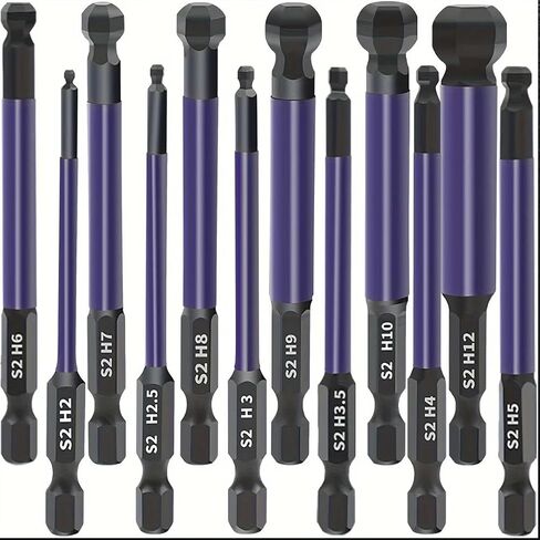 12pcs Ball End Allen Key Bit Set, S2 Steel 1/4" Hex Shank Magnetic Allen Wrench Screwdriver Bits for Assembling Furniture, Phosphating Treatment H2-H12, Length 75Mm in Kuwait