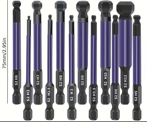 12pcs Ball End Allen Key Bit Set, S2 Steel 1/4" Hex Shank Magnetic Allen Wrench Screwdriver Bits for Assembling Furniture, Phosphating Treatment H2-H12, Length 75Mm in Kuwait