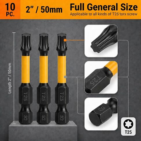 10-Pack T25 Torx Bits for Impact Driver, 2'' Magnetic Star Bits Drill Bit Set, S2 Steel, 1/4'' Hex in Kuwait