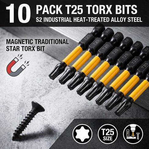 10-Pack T25 Torx Bits for Impact Driver, 2'' Magnetic Star Bits Drill Bit Set, S2 Steel, 1/4'' Hex in Kuwait