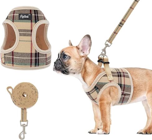 PUPTECK Soft Mesh Dog Harness and Leash Set Step-in Plaid Puppy Padded No Pull Vest Harness for XS Small Medium Sized Dogs Cats Outdoor Walking, Beige L in Saudi Arabia