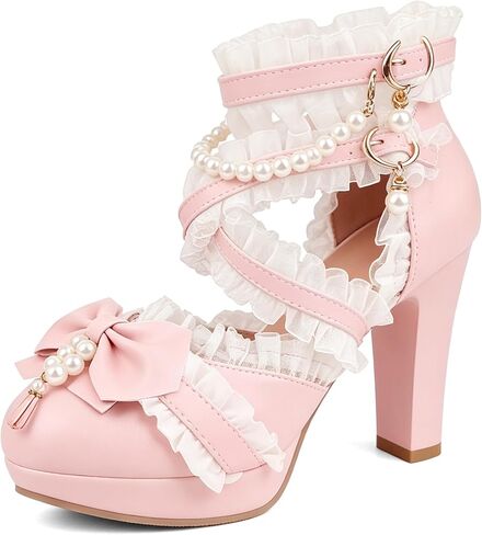 MEOTINA Lolita Shoes Mary Jane Shoes Women Platform Heels Bow Pearl Pumps in Kuwait