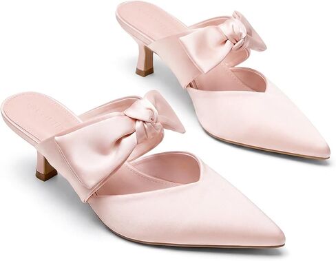 Coutgo Women's Kitten Heels Dress Shoes Bow Strap Pointed Toe Slip On Satin Mule Pumps for Wedding Bridal Party in Kuwait