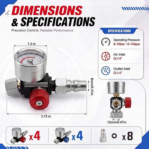 8 Pack Air Pressure Regulator Gauge with Quick Connectors, 1/4"-G Spray Paint Gun Adjusting Valve Regulator, 8 Quick Couplers and Complete Accessories, 0-140 PSI Air Flow Adjusting Valve in Kuwait