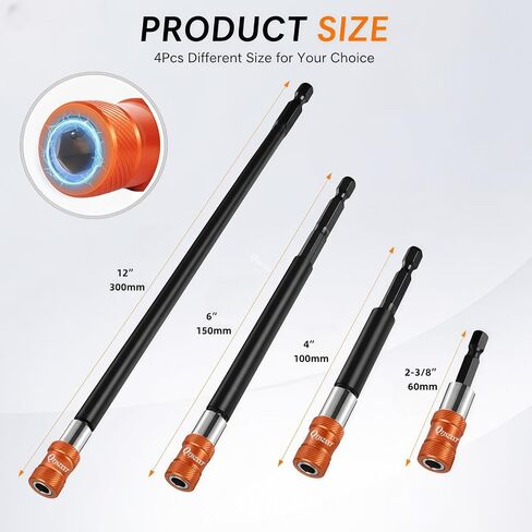4pcs Drill Bit Extension Set, Magnetic Drill Bit Extender with Aluminum Sleeve, 1/4 Inch Hex Bit Holder for Impact Driver, 2-3/8",4",6",12'' Long (2-3/8",4",6",12'') in Kuwait