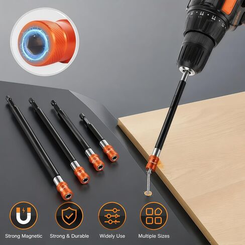 4pcs Drill Bit Extension Set, Magnetic Drill Bit Extender with Aluminum Sleeve, 1/4 Inch Hex Bit Holder for Impact Driver, 2-3/8",4",6",12'' Long (2-3/8",4",6",12'') in Kuwait
