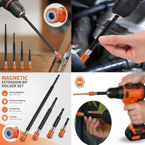 4pcs Drill Bit Extension Set, Magnetic Drill Bit Extender with Aluminum Sleeve, 1/4 Inch Hex Bit Holder for Impact Driver, 2-3/8",4",6",12'' Long (2-3/8",4",6",12'') in Kuwait