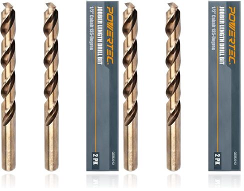 POWERTEC 1/2" Cobalt Drill Bits - 2 Pack - 6" Length - M35 HSS Jobber Length Twist Bits with 135° Tip for Drilling Wood, Metal, Stainless Steel, Nickel Alloy, Cast Iron & Plastic (QDB2012) in Kuwait