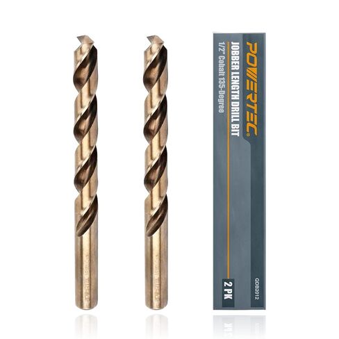 POWERTEC 1/2" Cobalt Drill Bits - 2 Pack - 6" Length - M35 HSS Jobber Length Twist Bits with 135° Tip for Drilling Wood, Metal, Stainless Steel, Nickel Alloy, Cast Iron & Plastic (QDB2012) in Kuwait