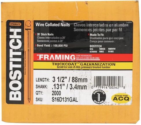 BOSTITCH S16D131GAL Thickcoat Clipped Head 3-1/2-Inch by .131-Inch by 28 Degree Wire Collated Framing Nail (2,000 per Box) in Kuwait