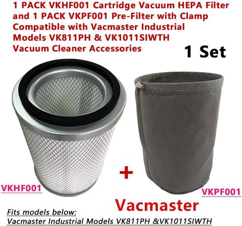 1 set brikiwee VKHF001 Cartridge Vacuum HEPA Filter and VKPF001 Pre-Filter with Clamp Compatible with Vacmaster Industrial Models VK811PH & VK1011SIWTH Vacuum Cleaner Accessories in Kuwait