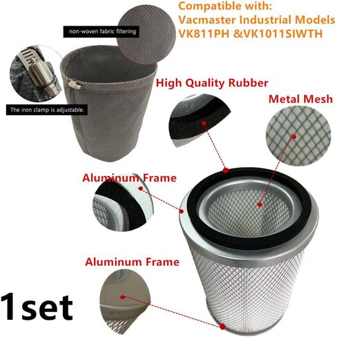 1 set brikiwee VKHF001 Cartridge Vacuum HEPA Filter and VKPF001 Pre-Filter with Clamp Compatible with Vacmaster Industrial Models VK811PH & VK1011SIWTH Vacuum Cleaner Accessories in Kuwait