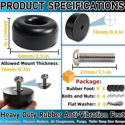 4-Pack Heavy Duty Rubber Anti-Vibration Feet &Rubber Bumpers - 1" x 2.5" Shock Absorbing Pads with Screw Kits for Generators,Pressure Washers,Air Compressors,Pumps,Trailer Ramp Door Bumpers in Kuwait