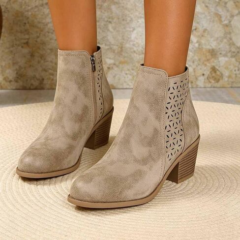 Women Breathable Cutout Ankle Boots Lightweight Non-Slip Rubber Block Heel Zipper Casual Summer Outdoor Fashion Booties Black Brown Khaki Navy in Kuwait