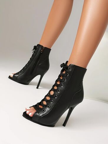 Women’s Stiletto Heel Lace-Up Ankle Boots – Sexy Jazz Dance Shoes for Stage, Club & Fashion | Matte Black, Patent, Silver, Snake Print in Kuwait