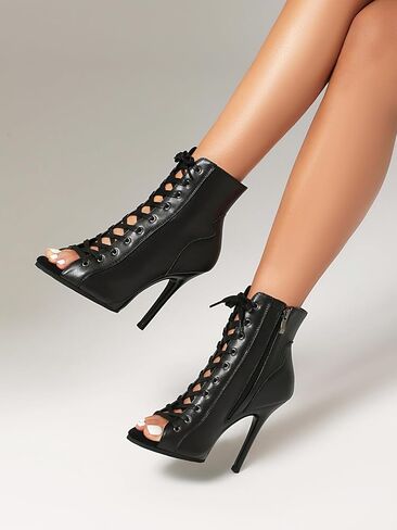 Women’s Stiletto Heel Lace-Up Ankle Boots – Sexy Jazz Dance Shoes for Stage, Club & Fashion | Matte Black, Patent, Silver, Snake Print in Kuwait
