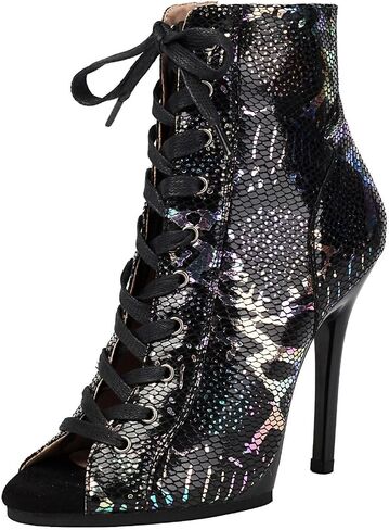 Women’s Stiletto Heel Lace-Up Ankle Boots – Sexy Jazz Dance Shoes for Stage, Club & Fashion | Matte Black, Patent, Silver, Snake Print in Kuwait