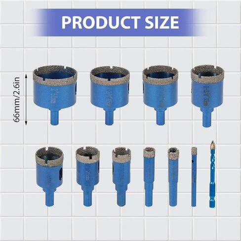 11 Pcs Diamond Hole Saw Set, 6/10/12/20/25/30/35/40/45/50mm Tile Hole Saw Kit with Drilling Drill bit for Porcelain, Ceramic Tile, Granite, Marble, Masonry(1/4"-2") in Kuwait