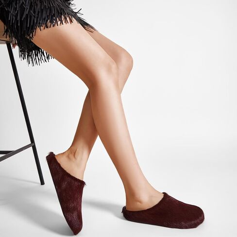 Real Fur Slides Mules for Women Round Toe Slip on Sandals Fuzzy Luxury Platform Clogs Slippers Comfortable Fashion Cute Shoes(Wine Red,10) in Kuwait