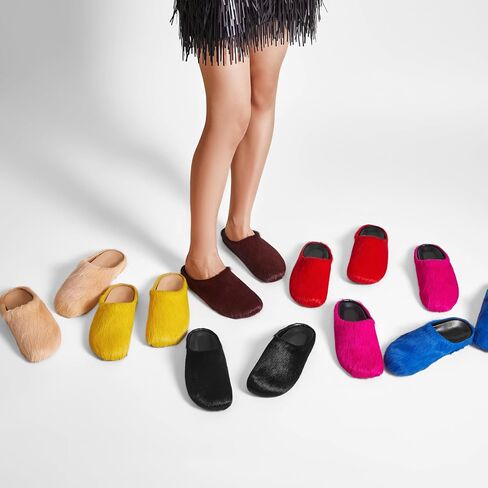 Real Fur Slides Mules for Women Round Toe Slip on Sandals Fuzzy Luxury Platform Clogs Slippers Comfortable Fashion Cute Shoes(Wine Red,10) in Kuwait
