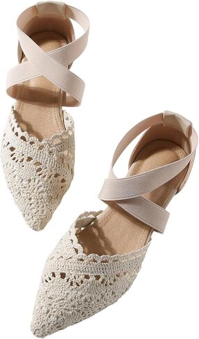 GORGLITTER Women's Crochet Ballet Flats Hollow Out Closed Pointed Toe Wedding Party Ankle Strap Dress Shoes in Kuwait