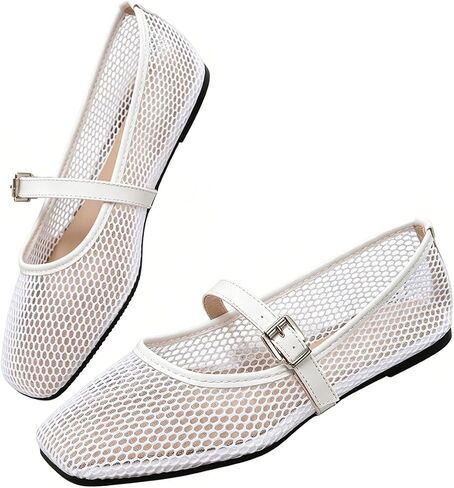 Mesh Flats for Women Adjustable Strap Ballet Flats Mary Jane Shoes | Comfortable Breathable Square Closed Toe Buckle Summer Dressy Shoe in Kuwait